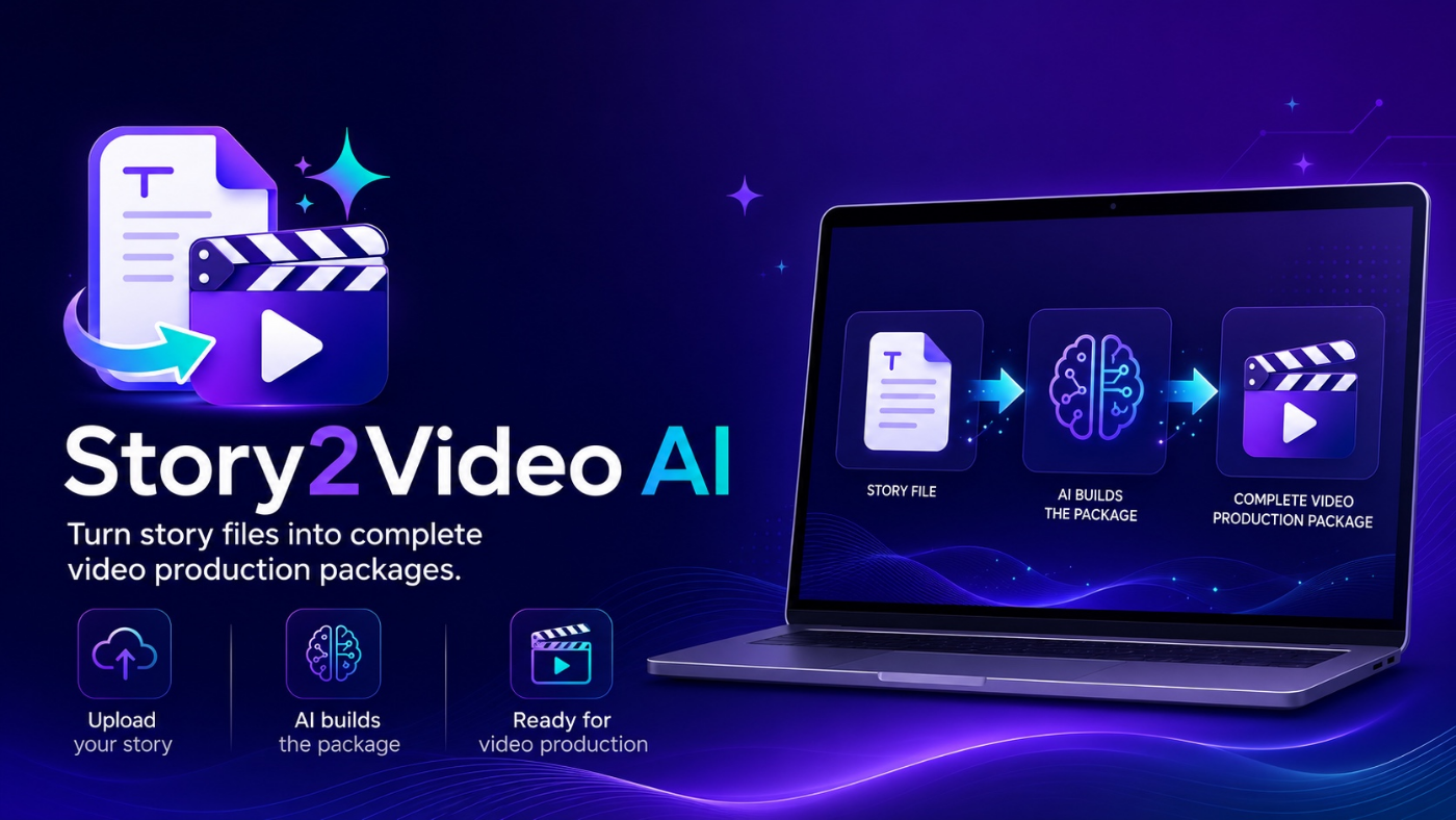 Story2Video AI turns a story file into a complete video production package: upload your story, AI builds the package, ready for video production.